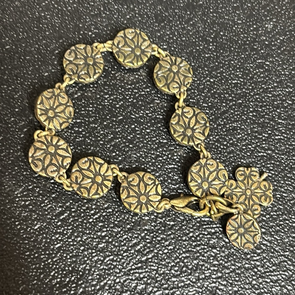 Lucky Brand Boho Charm Antique Gold Chain Clover Turquoise Bracelet Engraved - Picture 7 of 8
